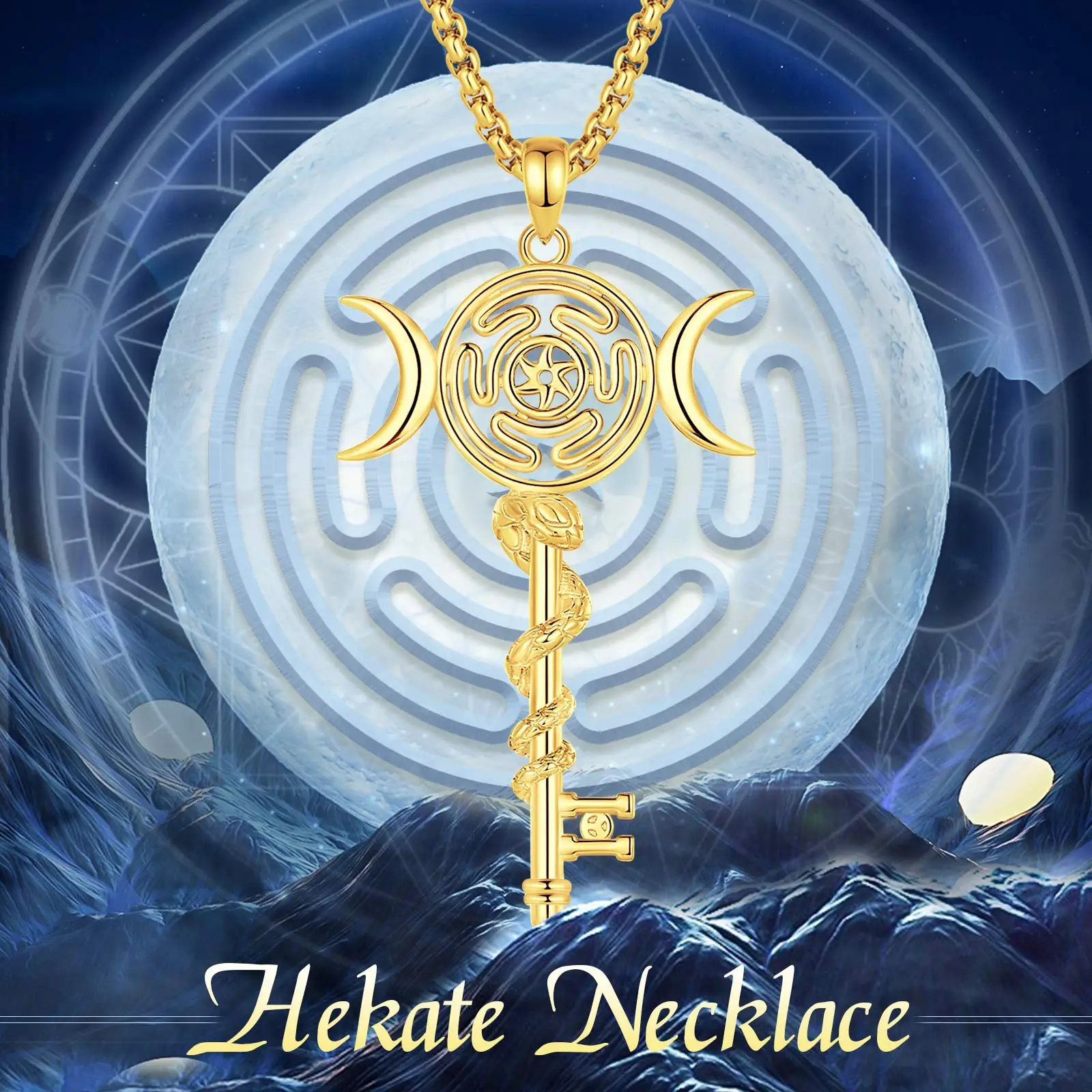 AEONSLOVE Gold Plated Sterling Silver Hecate Snake Necklace Women Triple Moon Goddess Key Pendant Spiritual Jewelry Witch Amulet view 5