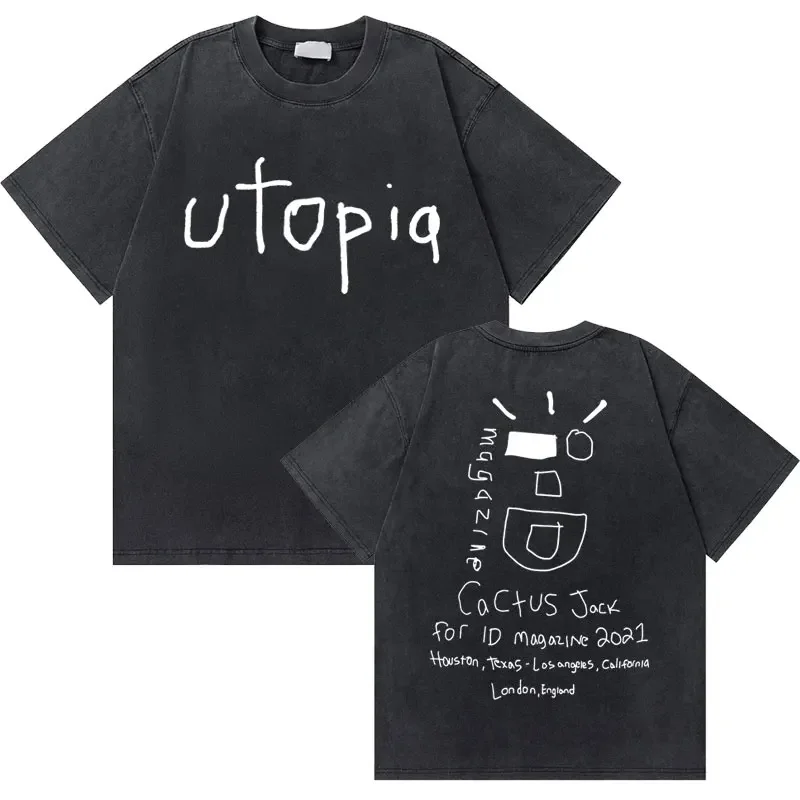 Cactus Jack Utopia Graphic Tshirt Washed Vintage Streetwear Men Hip Hop Vintage Oversized T-shirts Men's Casual Cotton T Shirt