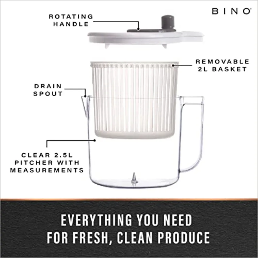 سبينر سلطة بينو 2.6 كيو تي سبينر ليتش يدوي صغير مع نظام تصريف مدمج مصفاة دوارة للسلطة وإبريق ماء في