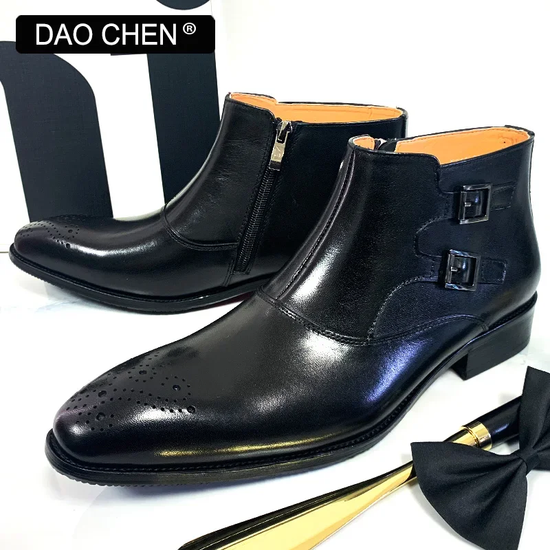 DAOCHEN WINTER MEN ANKLE BOOTS SHOES BLACK BROWN BUCKLE STRAP ZIP CHELSEA BOOTS WEDDING OFFICE GENUINE LEATHER BOOTS MEN