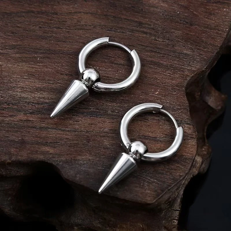 2pcs Stainless Steel Cone Pendant Hoop Earrings Female Men Cartilage Single Earring Hip Hop Piercing Jewelry