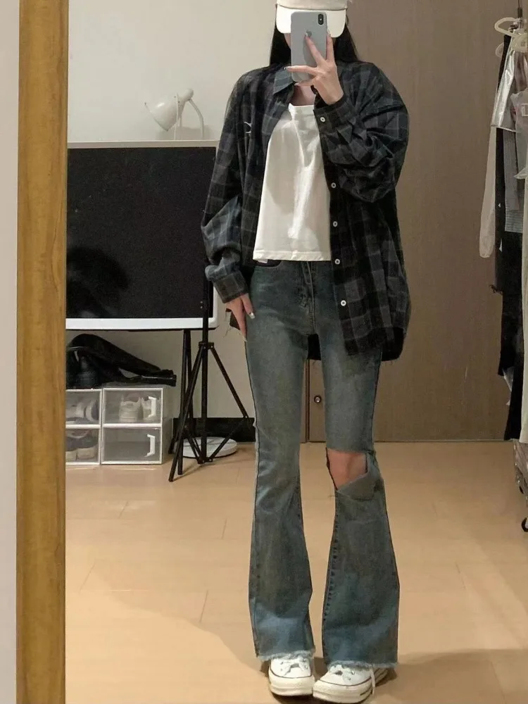 Deeptown Vintage Long Sleeve Plaid Shirts Y2k Woman Korean Style Blouses Harajuku Fashion Japanese Oversize Check Outerwears