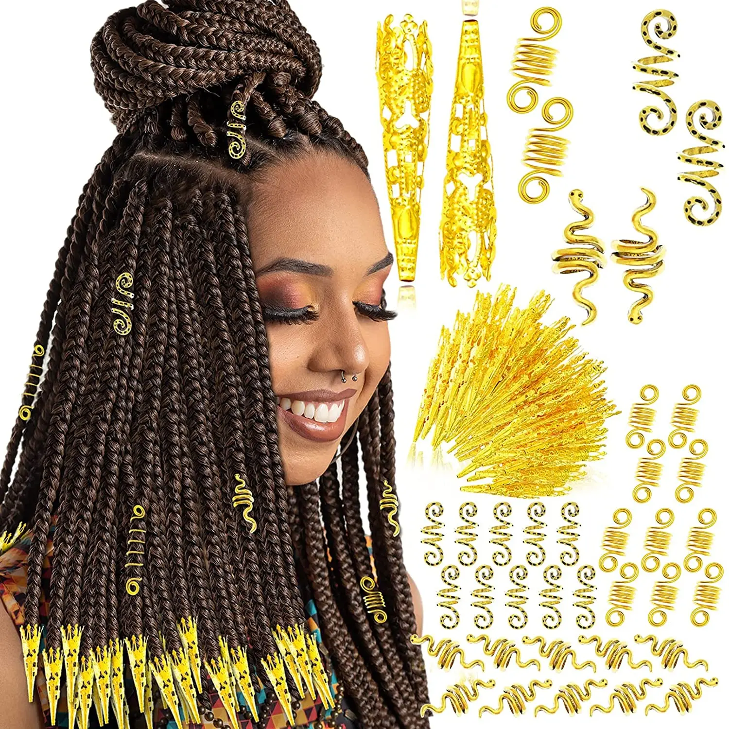 130 Pcs Hair Jewelry for Women Dreadlocks Accessories Kit Faux Locs Beads Braids Hair Cuffs Decoration Charms Gold Silver