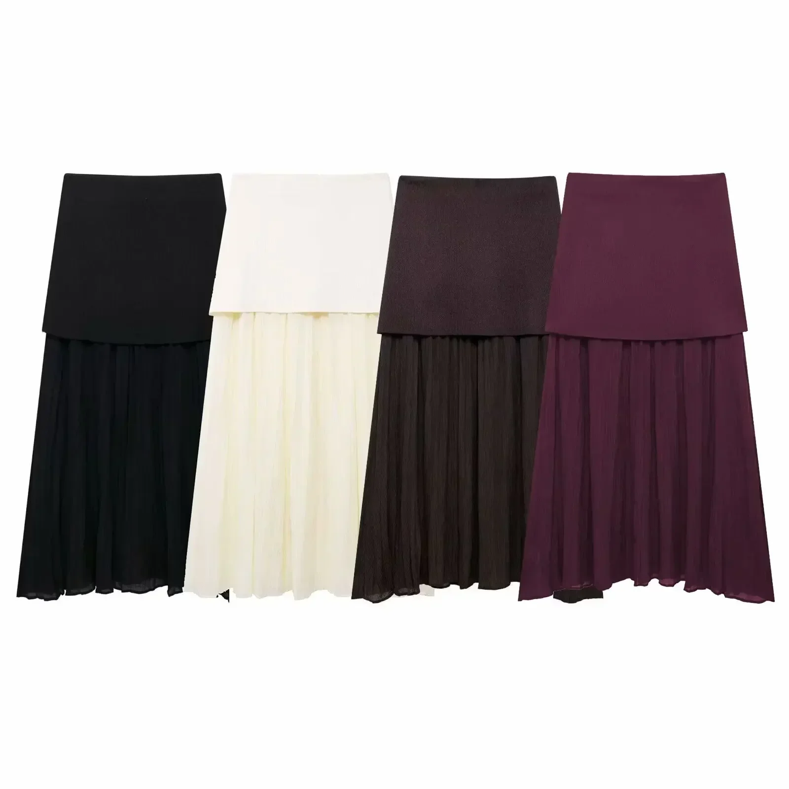 Women's New Fashion Multi color Casual Versatile Splicing Pleated Knitted Midi Skirt Retro High Waist Side Zipper Women's Skirt