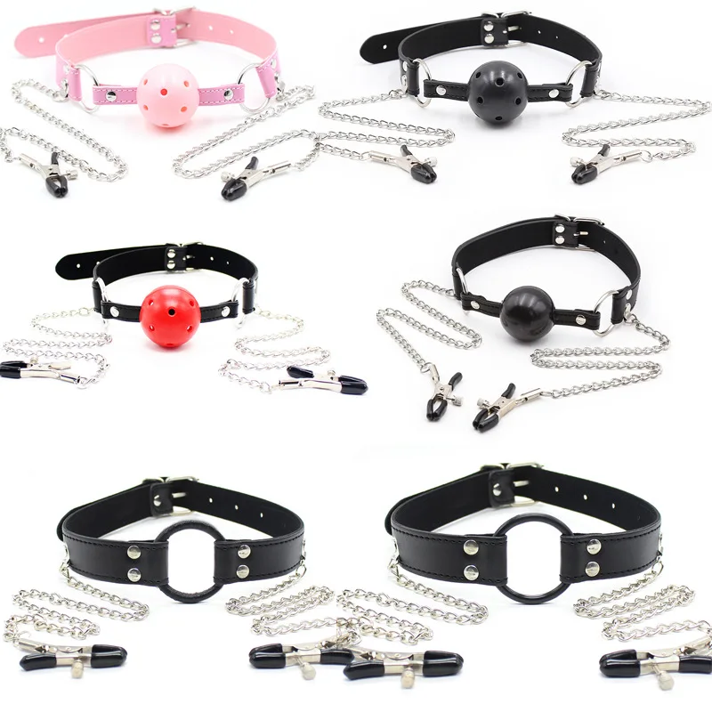 Adjustable BDSM SetO-Ring Mouth Gag with Nipple Clamps Chain Bondage Gear Slave Role Play Fetish Adult Sex Toy for Men Women Kit