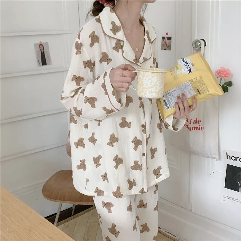 Cartoon Bear Print Autumn Home Suit Women Cotton Korean Sleepwear Kawaii Single Breasted Shirts + Trousers Pajamas Set Ins