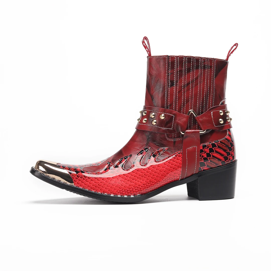 Herren-Designer-Stiefeletten aus echtem Leder mit Metallspitze, Nieten-Dekor und Print, Übergrößen, Cowboy-Motorrad-Schuhe für Business – Detail 3