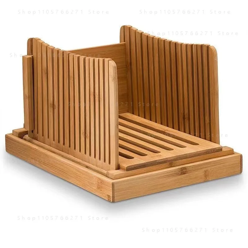 Bamboo Bread Slicer & Snack Tray | Home Breakfast Toast Cutter with Crumb Catcher, Solid Wood Storage Tray