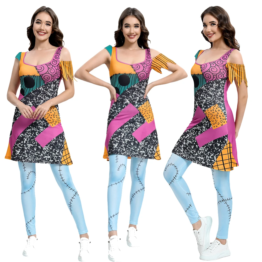 

Movie Scary Sally Cosplay Dress Funny 3D Print Party Outfit Carnival Suits Dress for Women Performance Halloween Bodysuits Set