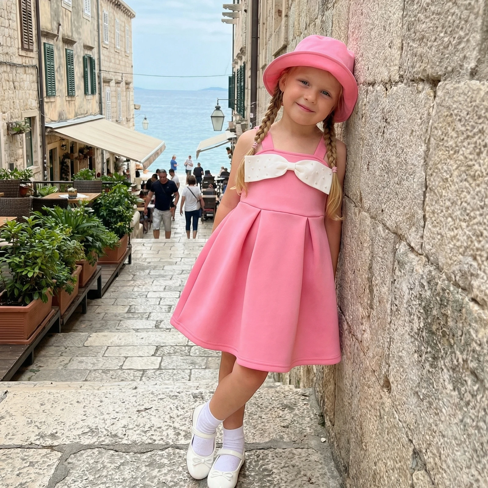 1-5Y Fashion Toddler Baby Girls Summer Dress Rhinestone Bow Decor Cami Dress with Hat For Holiday Party