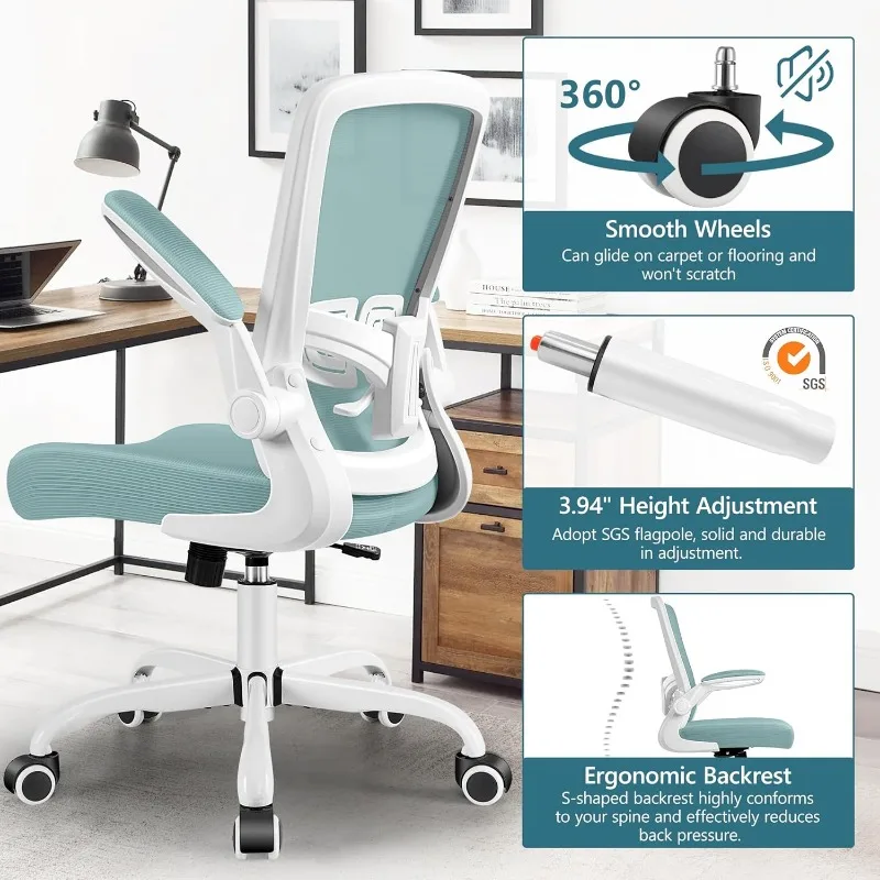 MINLOVE-Chaise de Bureau Ergonomique avec Support Lombaire, à Comcussion Roulante avec Roues et Bras Rabattables, Recommandé