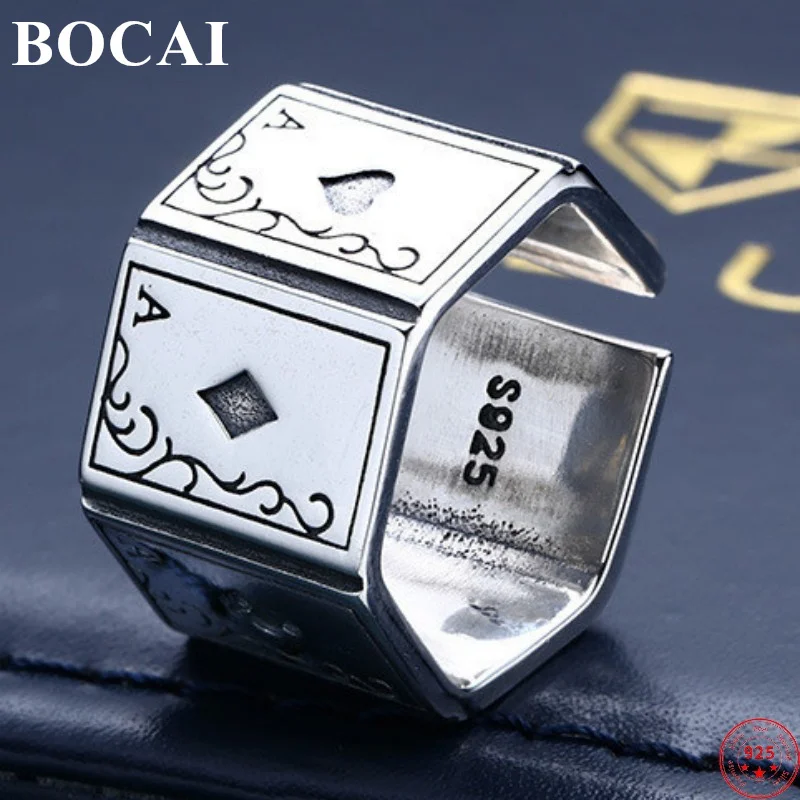 BOCAI S925 Sterling Silver Charm Rings New Fashion Retro Poker A Square Adjustable Pure Argentum Hand Jewelry for Men