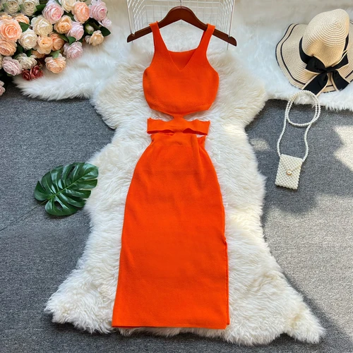 Imagen 2 del producto YuooMuoo elegante moda Sexy ahueca hacia fuera la cintura vestido de verano tejido mujeres ajustado elástico ceñido vestido de fiesta ropa de calle trajes de mujer