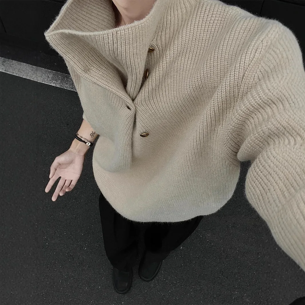 Women Knitting Sweater 2025 New Men's Korean Style Turtleneck Sweater Irregular Button Design Oversized Lazy Edgy Knit Top