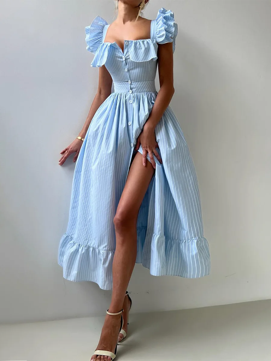 Bornladies Damen 2025, Sommer, neues gestreiftes Kleid, Knopfleiste vorne, schmal geschnittene Taille, Midikleid, Flatterärmel, Seitenschlitz