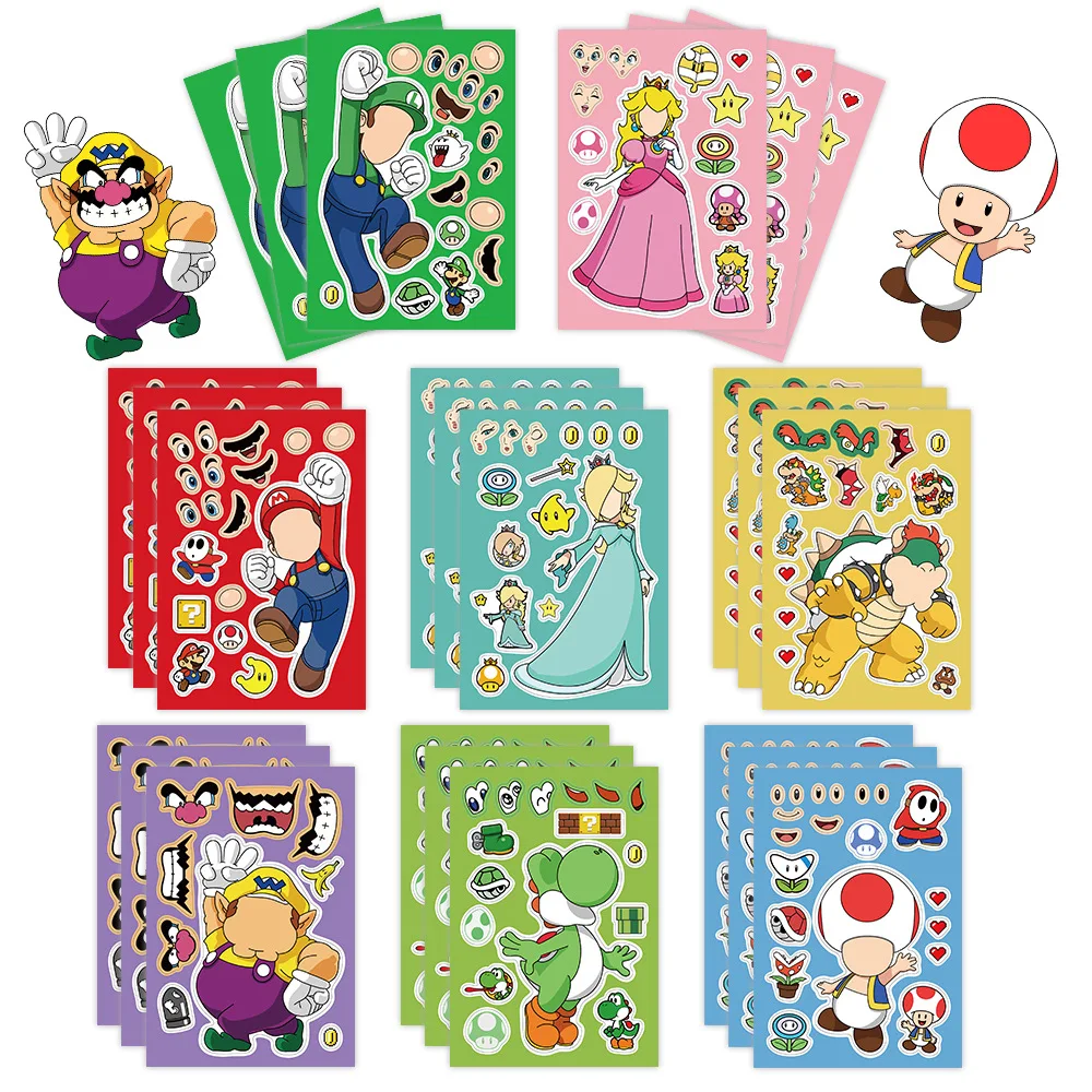 8 Sheets Super Mario Bros Puzzle Stickers Make A Face Anime Game Kawaii Stickers Cute Cartoon DIY Funny Sticker Toy Kids Gift