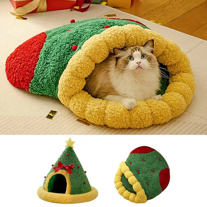 

Winter warm pet nest Christmas cartoon semi-enclosed comfortable warm pet bed with removable cushion for pets to keep warm