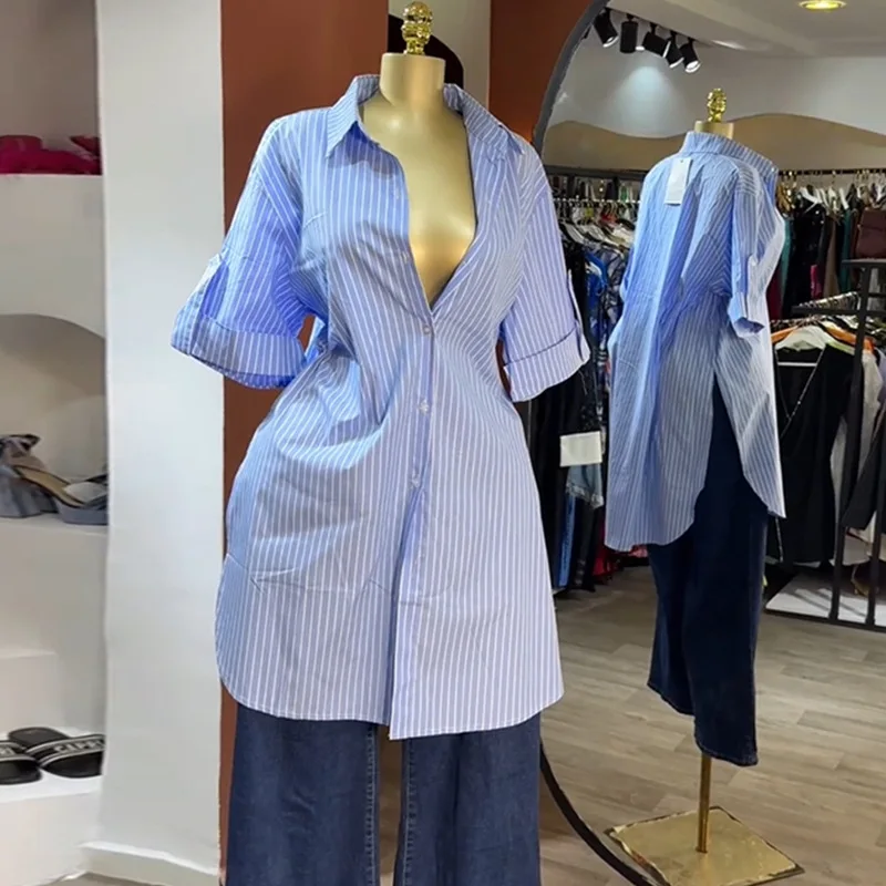 Frauen Gestreiften Shirts Kurzarm Einreiher Casual Hemd Drehen Unten Kragen Midi Länge Top Blusen Dame Herbst 2025