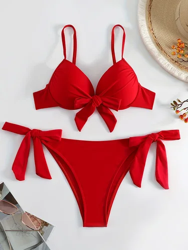 Bikini Sexy anudado con aros para mujer, traje de baño con copa, traje de baño femenino, conjunto de Bikini de dos piezas, Bikinis Push Up, traje de baño para nadar