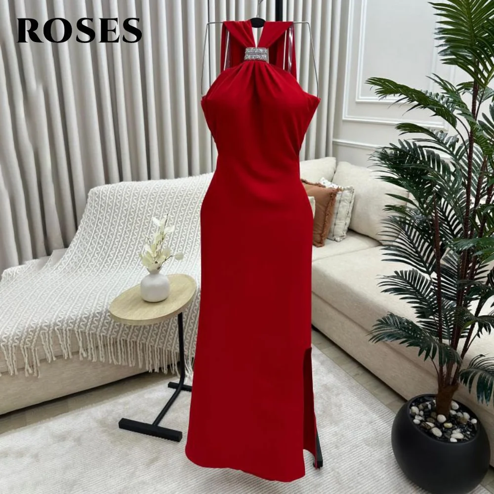 Rosas vermelho halter mancha vestido de baile plissados sereia vestidos de celebridades sexy sem mangas vestidos de noite femininos para gala personalizado