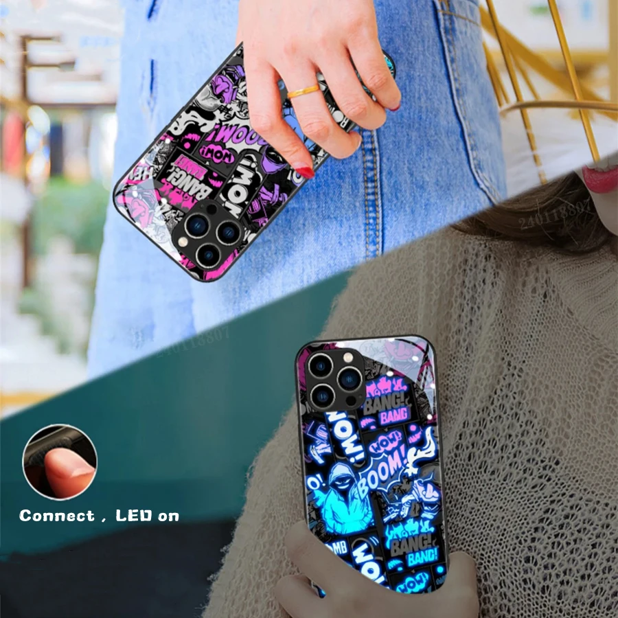 Funny Pop Art Flexible Border Phone Flash Case for iPhone 11 12 13 14 X Xs Xr 15 Pro Max 8 Plus Cool Anime Luminous Back Cover