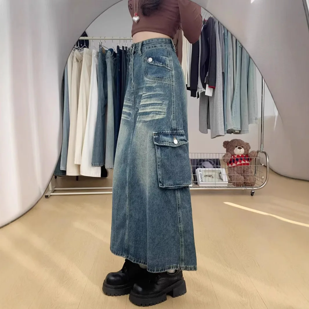 Fashion Retro American Rear Split Side Pocket Denim Skirt Summer High Waist A Word Hip Wrap Medium and Long Skirt