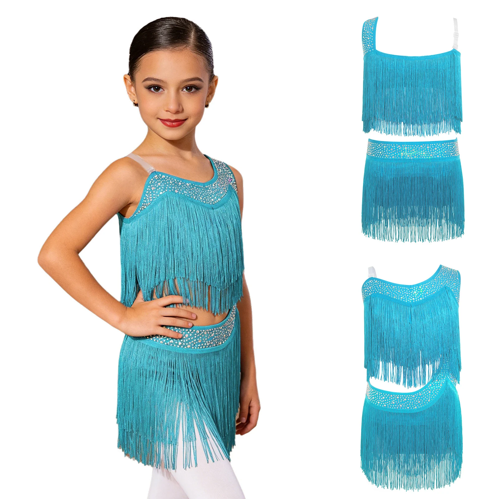 6-16Y Girls Latin Jazz Dance Cha-Cha Rumba Samba Tango Salsa Performance Dress Shiny Rhinestones Cutout Tassel Leotard Dresses - view 2