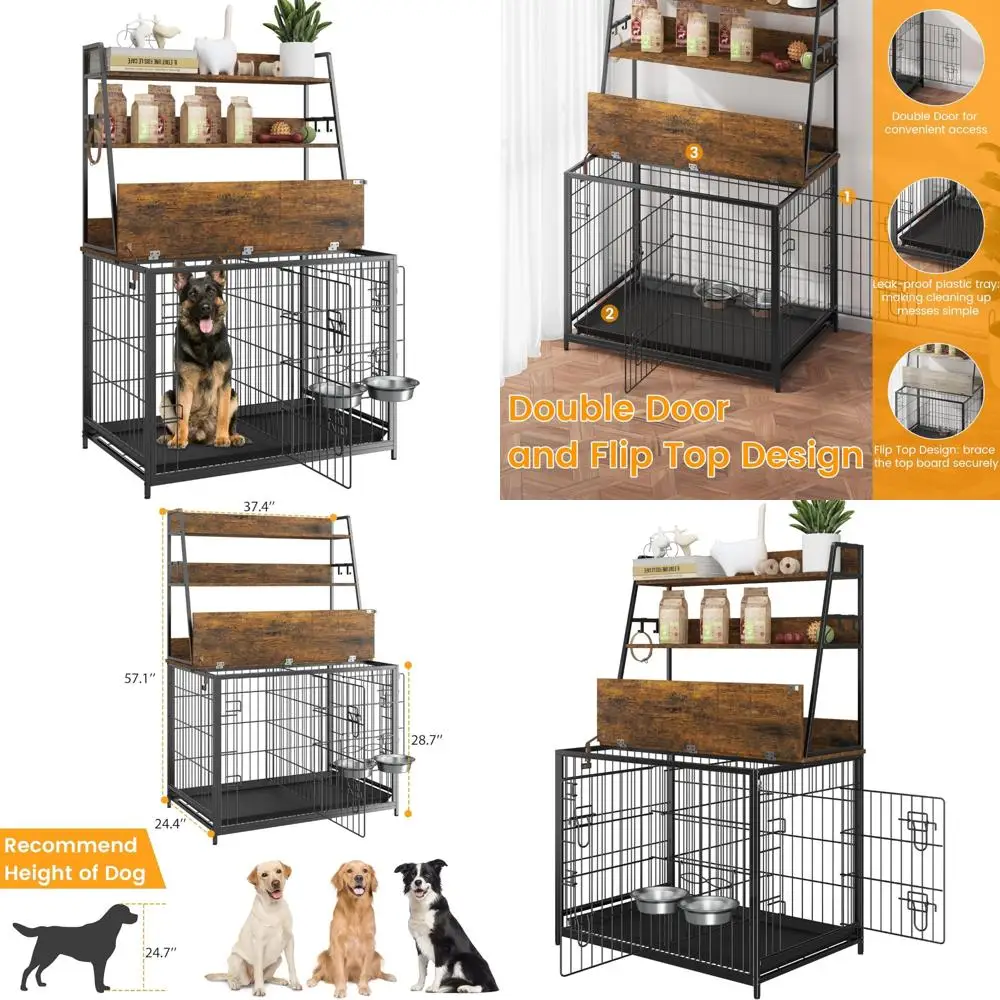 قفص خشبي حديث للكلاب مع أرفف تخزين، تصميم وحدات، وحدة تغذية قابلة للتعديل، ومنزل الحيوانات الأليفة موفر للمساحة