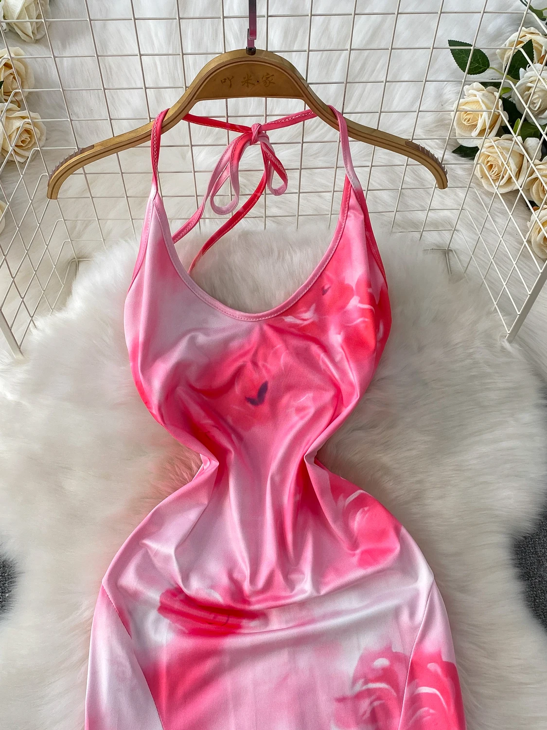 Ele Rose Pink Romantic V-ne Appeso Ne Dr Gonna lunga in raso che raccoglie la vita Coreano Sle Vita alta A-line Dr