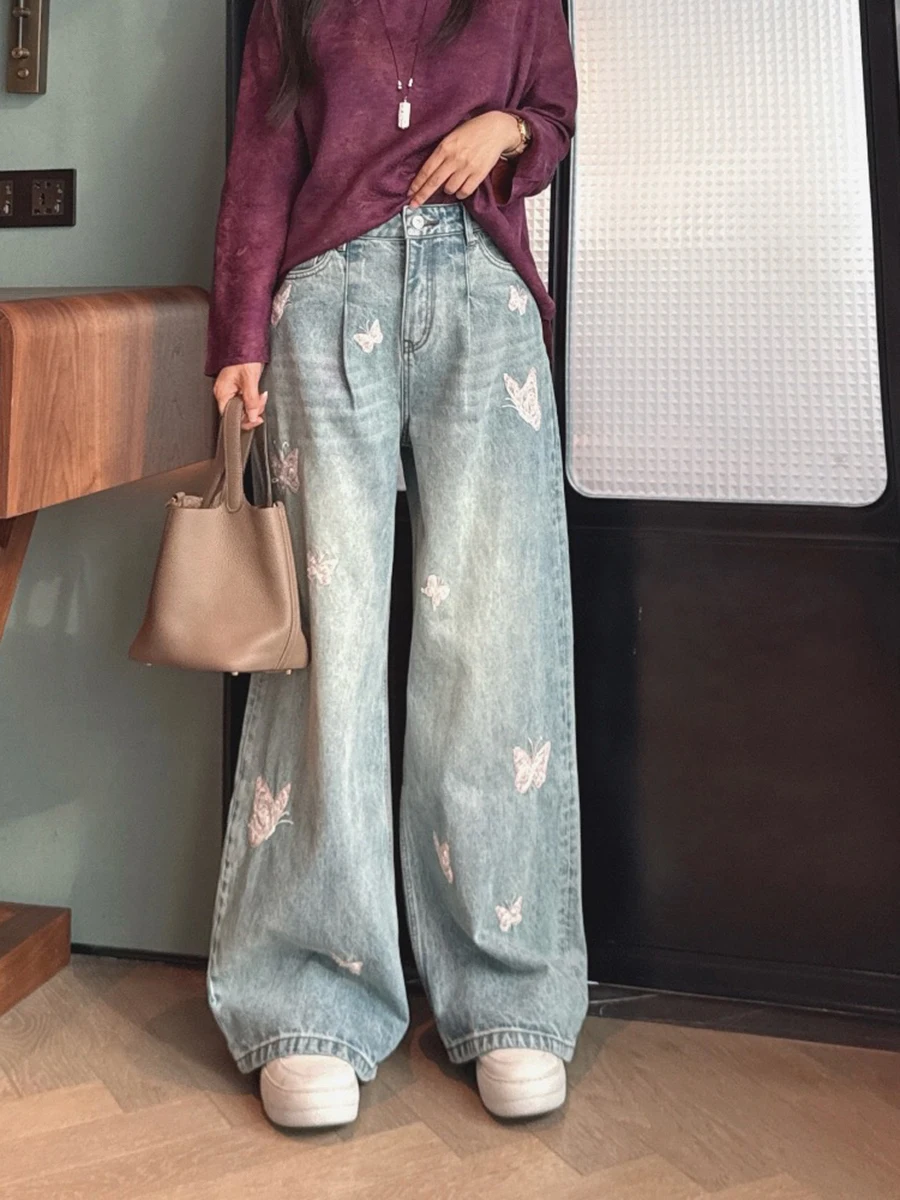 

Handmade Long Velvet Cotton High Waist Hard Wide Leg Knife Denim Pants Embroidery Machine Stitch Spring Fashio...