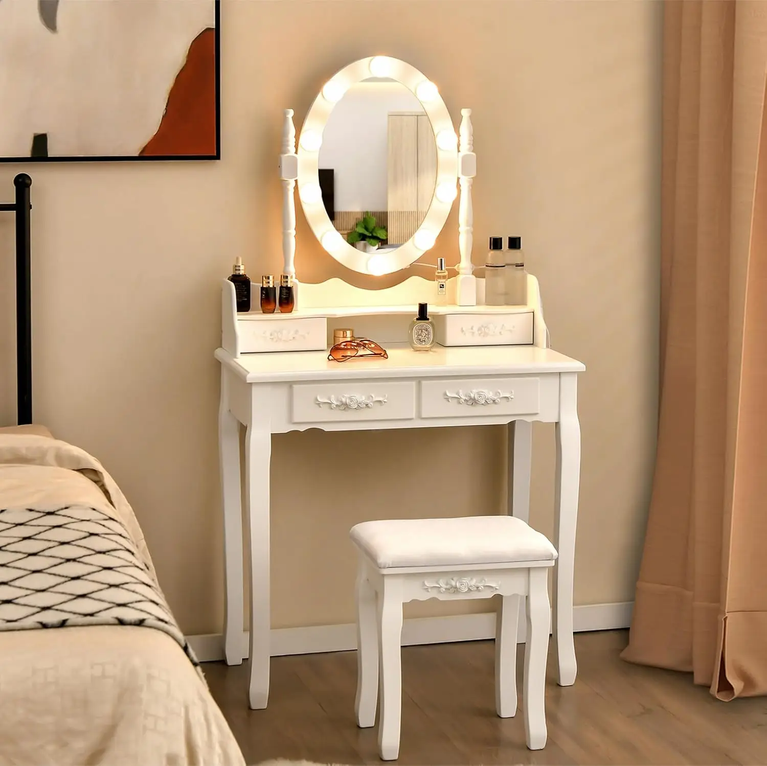 Adjustable LED Lighted Vanity Table with 4 Drawers Rotatable Mirror Cushioned Stool Bedroom Furniture Customized