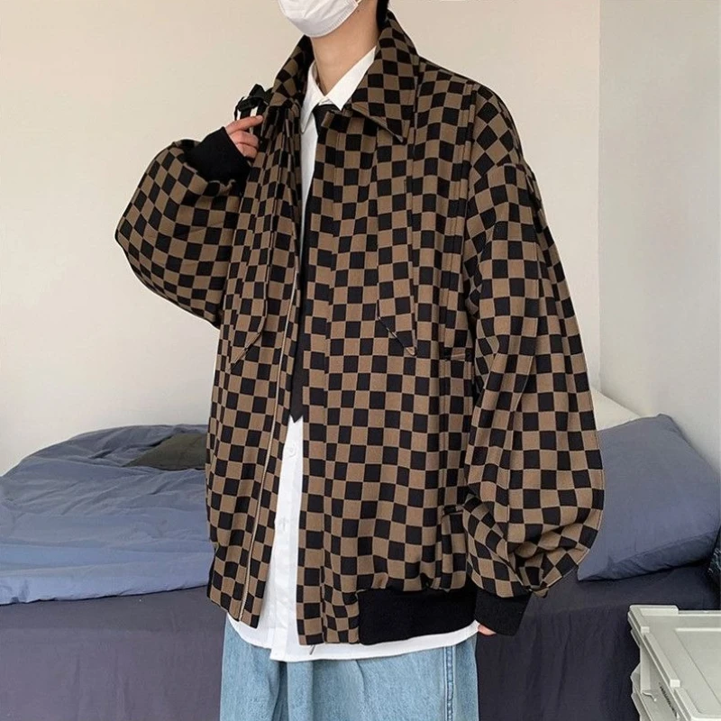 

Мужская приталенная бейсбольная куртка, модная ветровка с принтом шахматной доски, ветровка на осень-зиму, уличная одежда унисекс