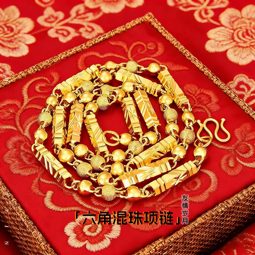 Collar de cuentas hexagonales de oro macizo para hombre, de oro puro AU999 24K, superficie de corte liso, tamaños de cuentas variados con múltiples longitudes de cadena.