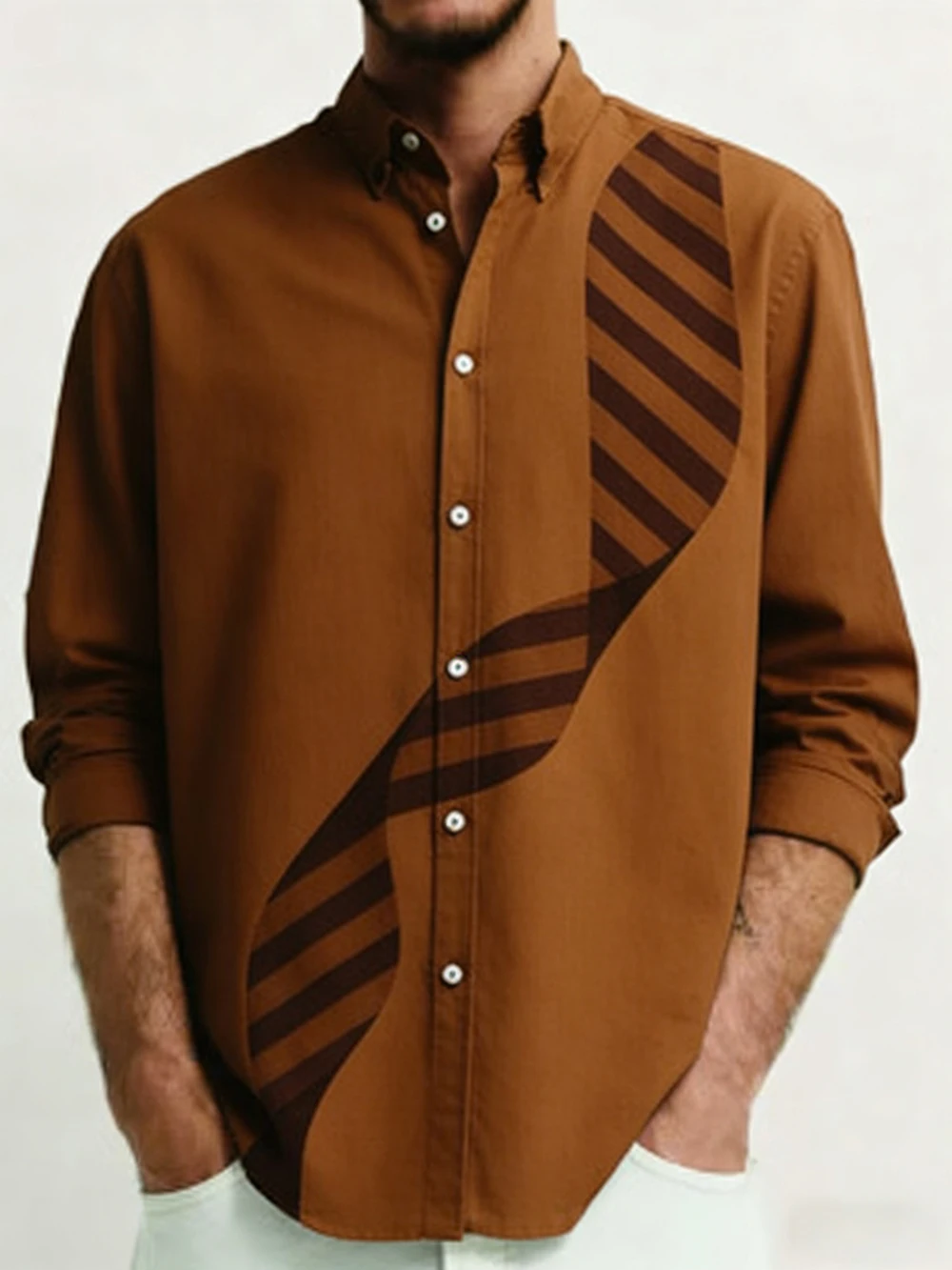 

Men's Light-colored Light Luxury Geometric Line 3D Printed Shirt Long-sleeved Lapel Button Hawaiian Beach Shirt Outdoor Men's