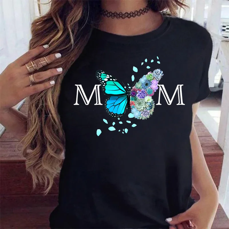 

Colorful Butterfly Mom Print Women T Shirt Short Sleeve O Neck Loose Women Tshirt Ladies Tee Shirt Tops Camisetas Mujer