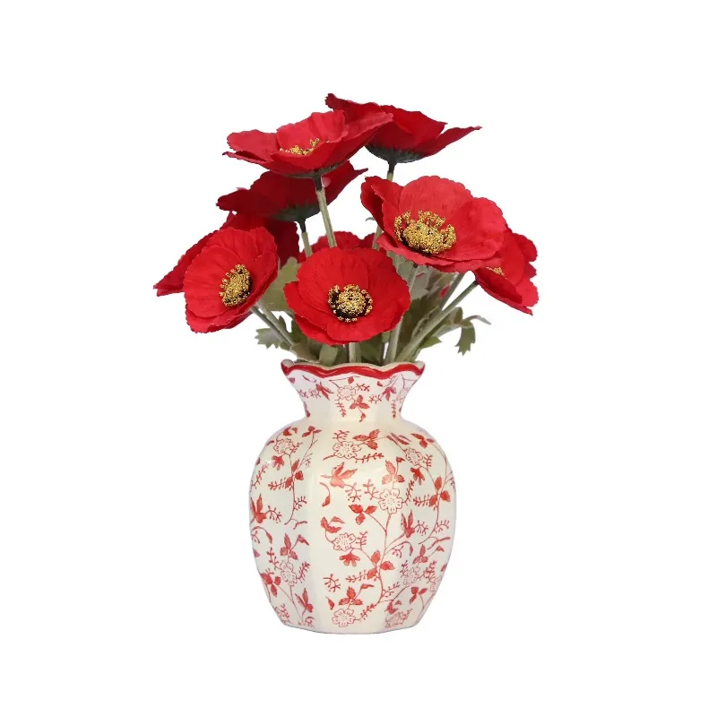 

My Texas House Faux Poppies in Red and White Floral Vase, 11.5"