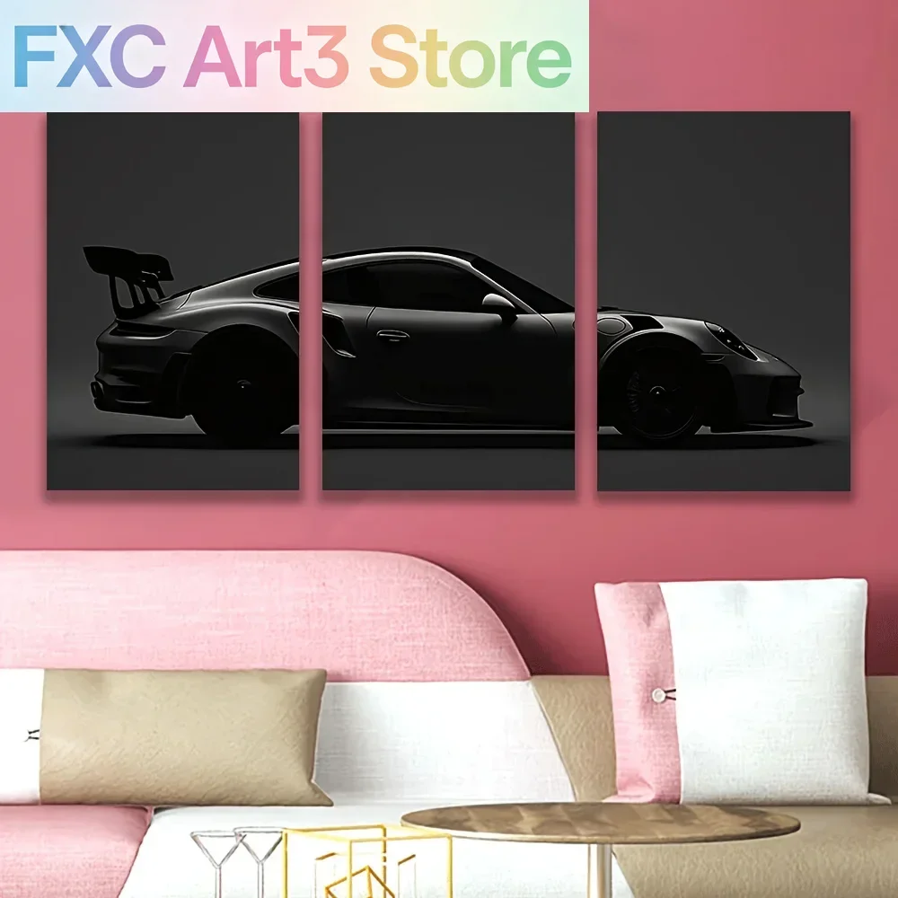 Frameless [3pc Black Sport Car Art] 3pc High-Quality  Canva Wall Art - Black Sport Car in Dark Monochromatic Tripty