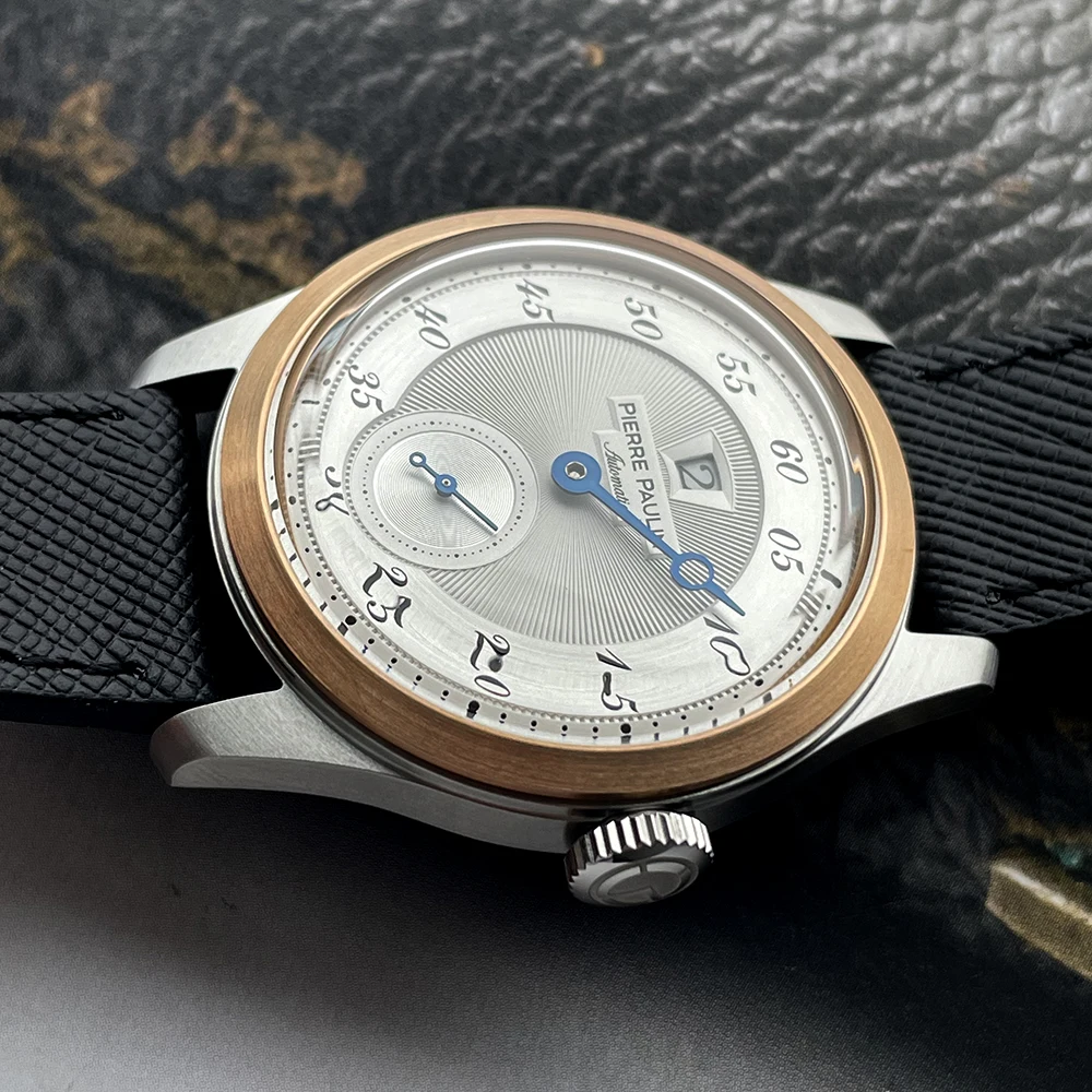 بيير بولين القفز ساعة الرجال ساعة البرونزية الحافة سمك السلمون الهاتفي التلقائي St1721 ساعة ميكانيكية خمر نافذة التاريخ 38 مللي متر الموضة