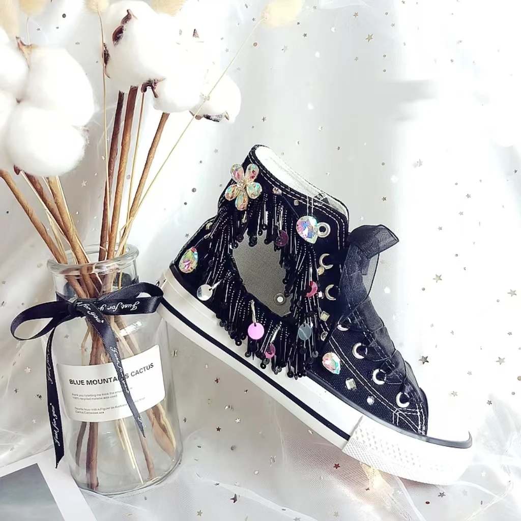 

Черные парусиновые туфли с бахромой и стразами, расшитые блестками, повседневная спортивная женская обувь с высоким берцем ручной работы, размеры 35-42