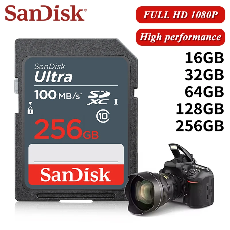 بطاقة ذاكرة SanDisk Ultra SDHC أصلية 100% بسعة 16 جيجابايت و32 جيجابايت وبطاقة ذاكرة SDXC سعة 64 جيجابايت و128 جيجابايت و256 جيجابايت بحد أقصى 100 ميجابايت/ثانية وبطاقة فلاش كاميرا SD بطاقات UHS-I