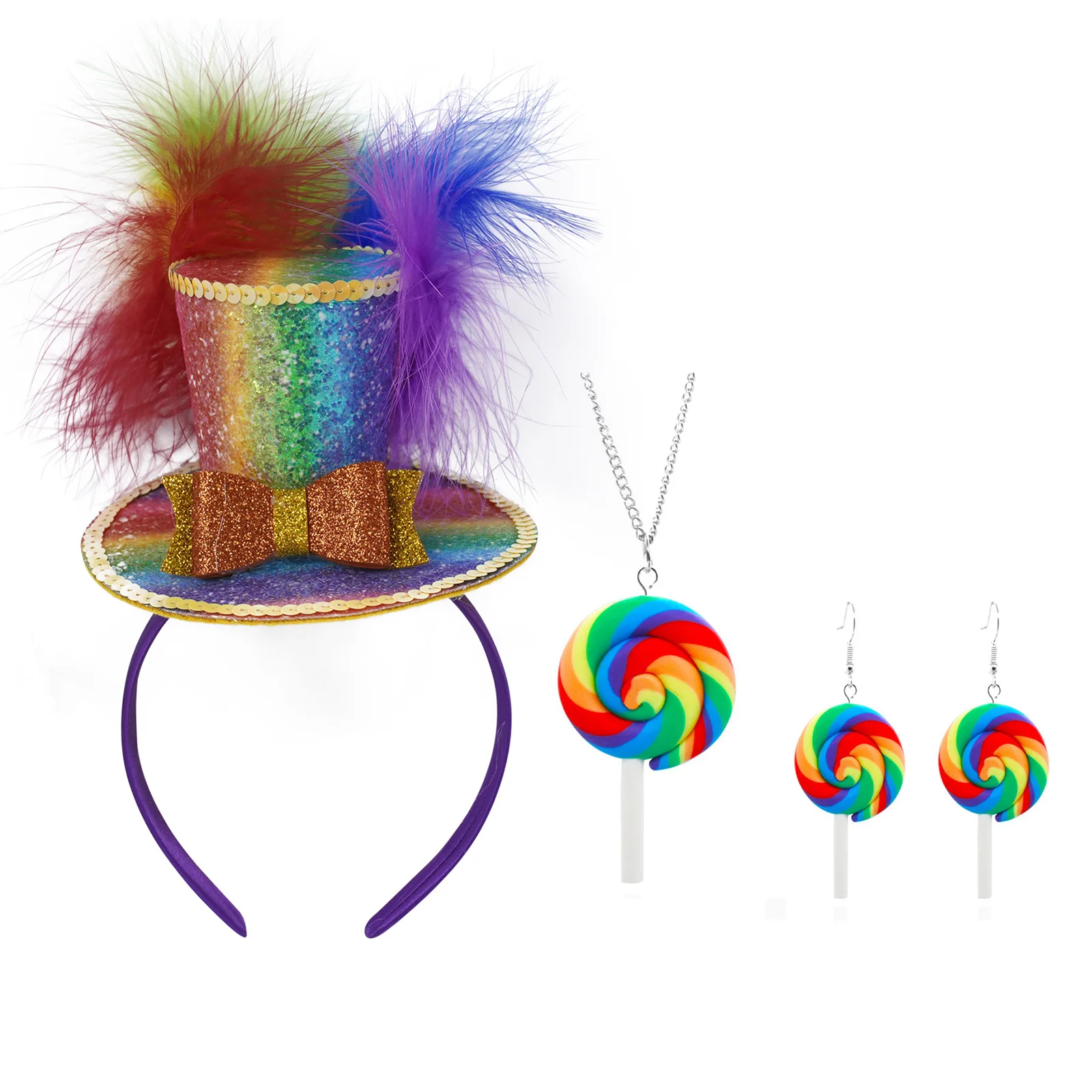 여자를위한 매혹적인 모자를 쓰고 있죠 여자 서커스 Ringmaster 의상 롤리팝 목걸이 매달려 귀걸이와 미니 탑 모자 헤어 후프