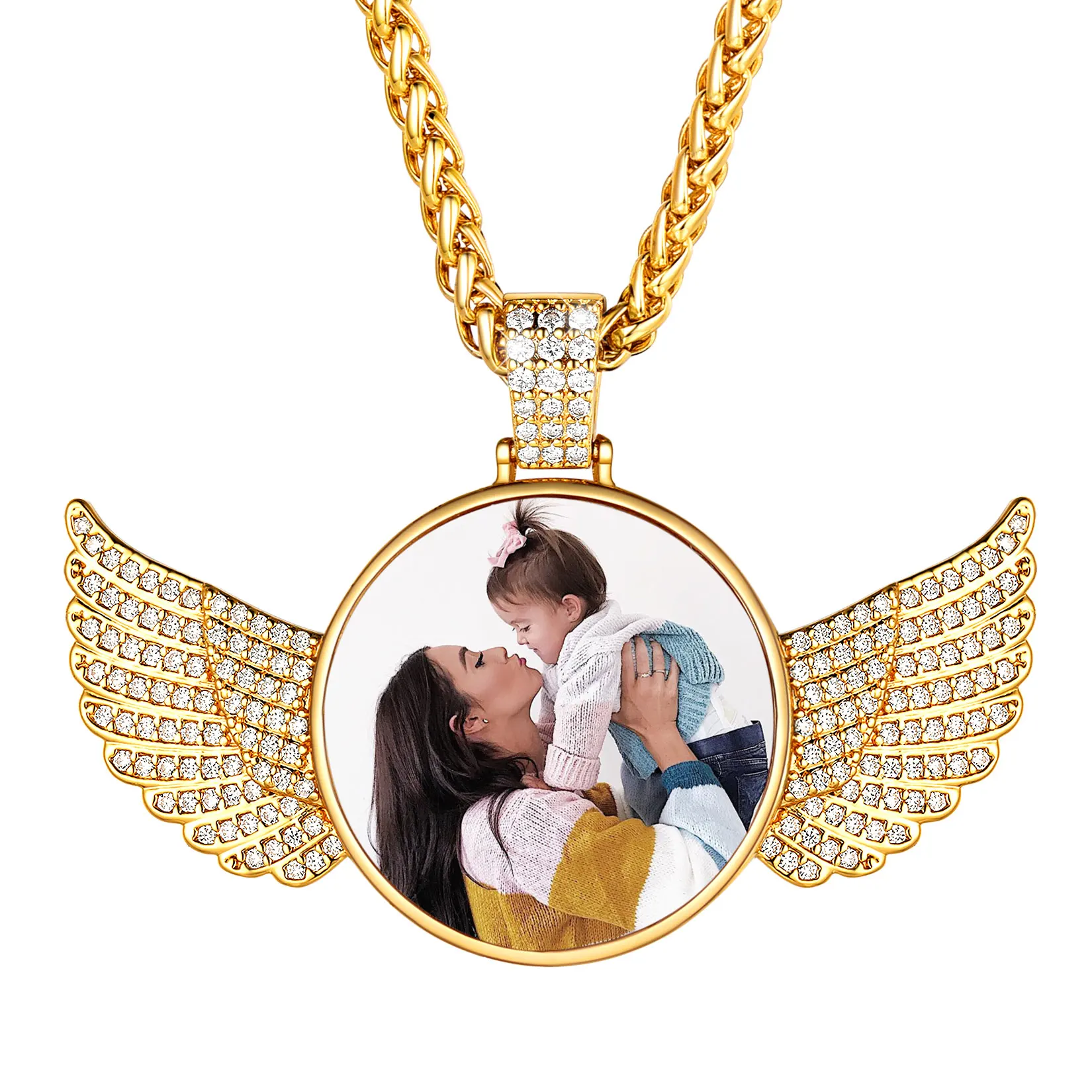 

U7 Custom Photo Necklace Iced Out White CZ Angel Wing Pendant Full Color Image Printing DIY Family Personalized Jewelry Gifts