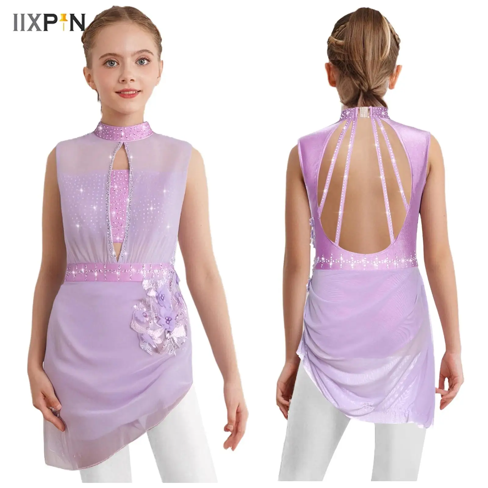 

Kids Girls Figure Skating Ballet Dance Dress Applique Rhinestones Sleeveless Cutout Sheer Mesh Overlay Asymmetrical Hem Dress