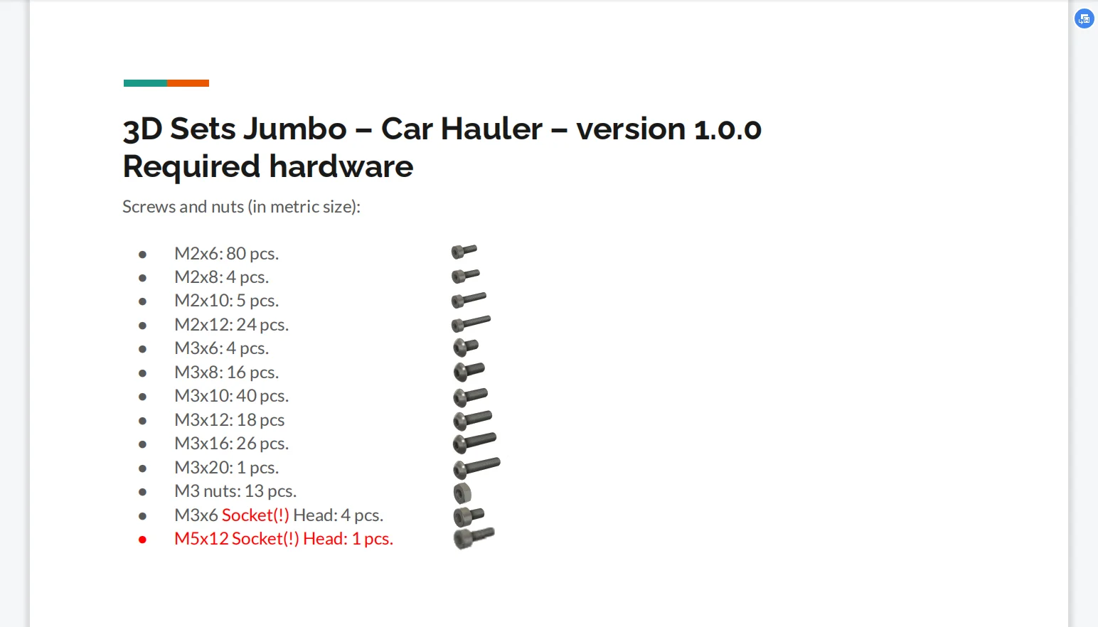 

3DSets Fasteners Screws and Nuts for Car Hauler V1.0.0 3D Sets RC Car Required Hardware