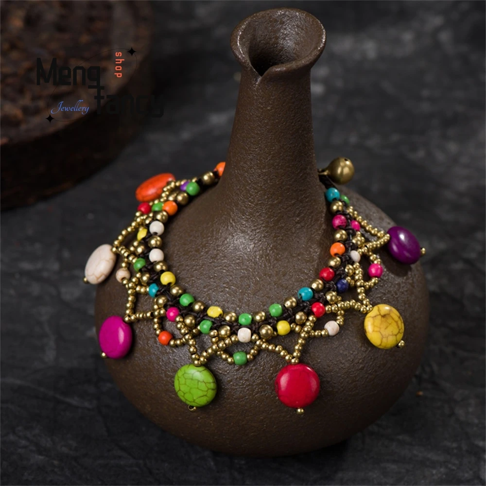 

Exotic Ancient-Style Hollowed-Out Woven Bracelet, Retro Semi-Gemstone Round Cake Jewelry, Clothing Accessories Fashion Jewelry