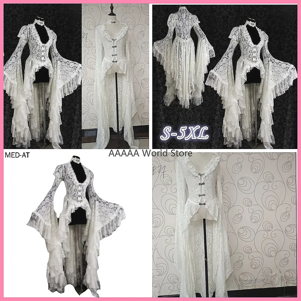 Gothic White Lace Dress Victorian Ball Gown Flare Sleeve Elegant Cosplay Outwear