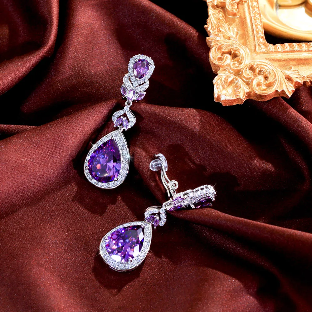 CWWZircons Bezaubernder lila Wassertropfen-Ohrclip mit Zirkonia-Besatz, Ohrringe ohne Ohrloch für Damen, Abendparty-Schmuck EJ0045 – Detail 7