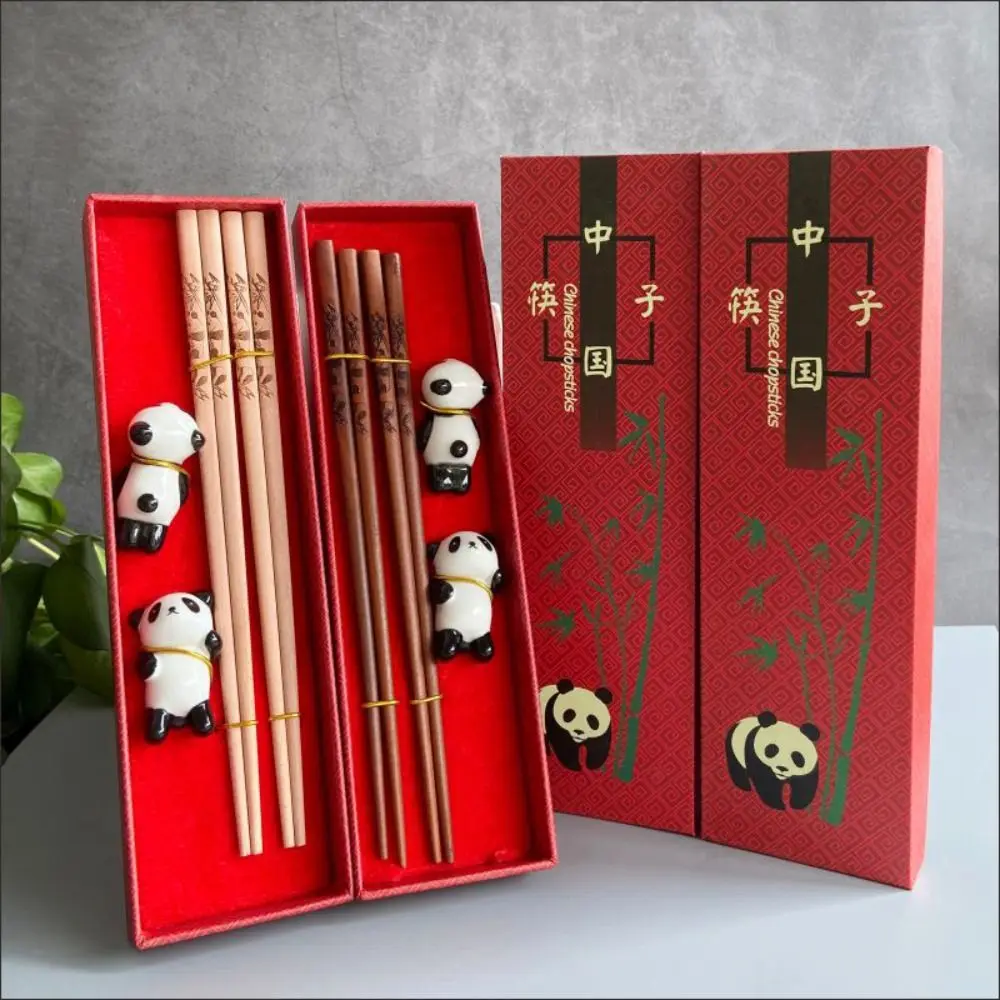 2 Pair With Chopstick Rest Panda Chopsticks Gift Set Natural Wooden Laser Engraving Chinese Chopstick Non-slip Sushi Chopsticks