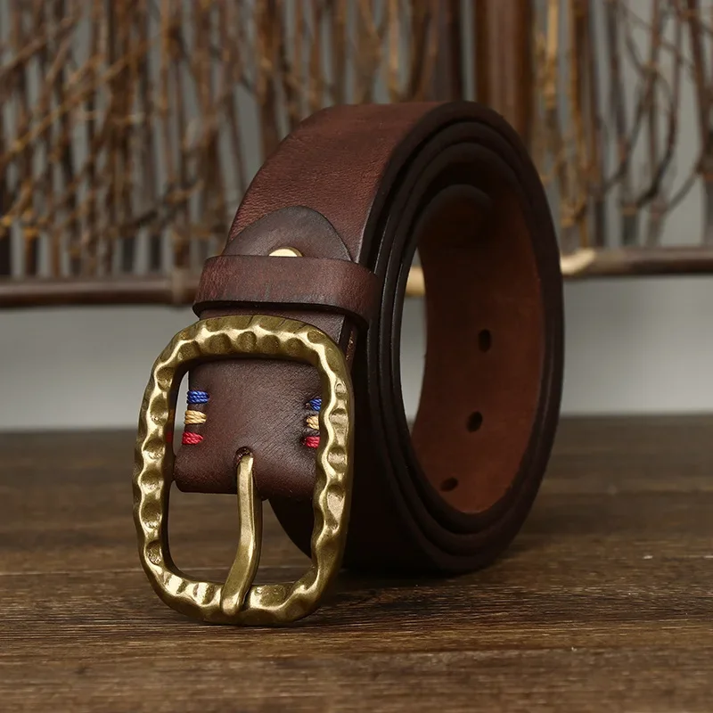 

3.8CM Bold And Thick Vintage Copper Buckle Belt For Men's High-end Top Layer Cowhide Leather Wholesale Jeans Belt