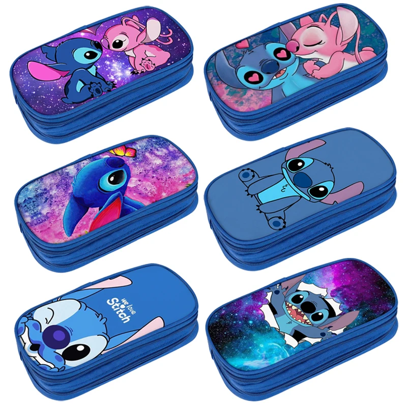 Disney Stitch Pencil Cases Double Layer Multifunctional Stitch Pen Case Students Children's Stationery Bag Large Capacity Bags